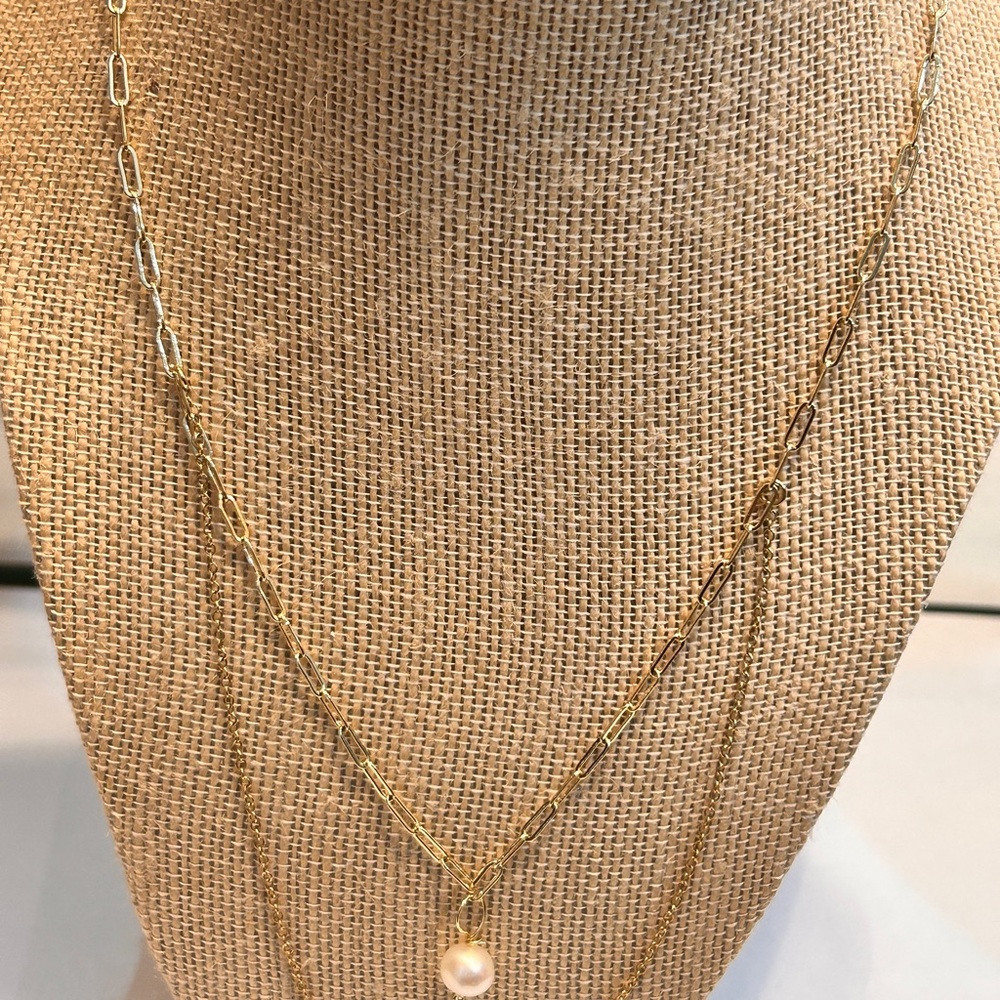 Artisan Jewelry.  14K Gold Filled Double Layer Necklace with Freshwater Pearl